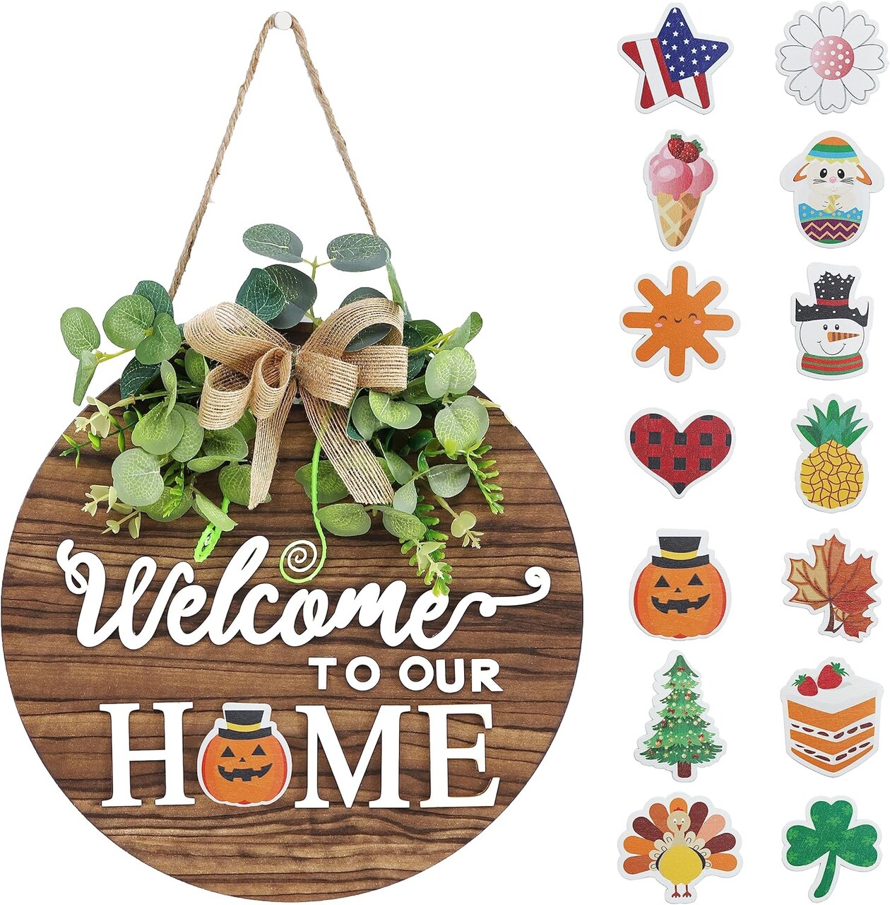 Interchangeable Seasonal Welcome Sign Front Door Decoration, Rustic Round Wood Wreaths Wall Hanging Outdoor, Farmhouse, Porch, for Spring, Summer, Fall, Halloween, and Christmas.